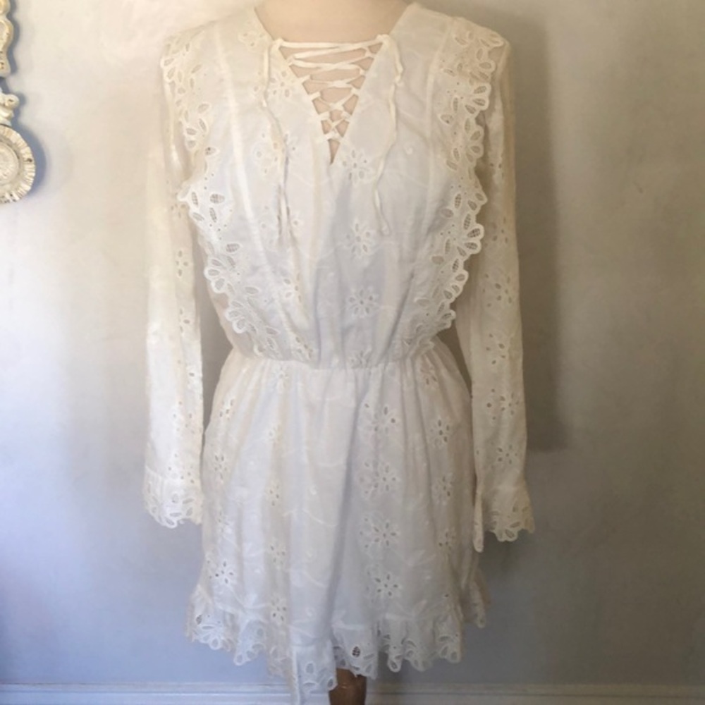Limonada Pink white Boho dress w/eyelet design on ruffle cuffs & hem Size Medium